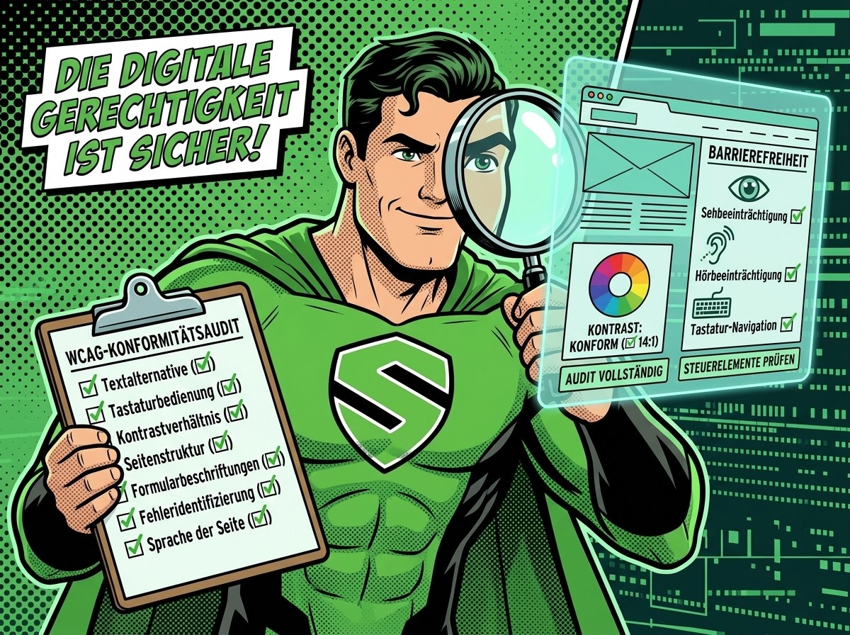 SUPERBRAND-Superheld prüft mit einer Lupe eine Website auf WCAG-Konformität und hakt eine Checkliste mit Punkten wie Textalternative, Tastaturbedienung und Kontrastverhältnis ab.