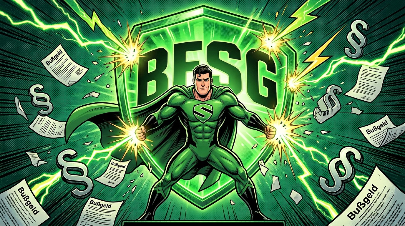 SUPERBRAND-Superheld blockt mit einem grünen BFSG-Schutzschild eingehende Bußgeld-Bescheide und Abmahnungen ab.