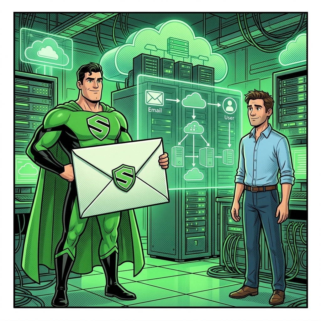 SUPERBRAND-Superheld vor Server-Infrastruktur mit gebrandeter E-Mail