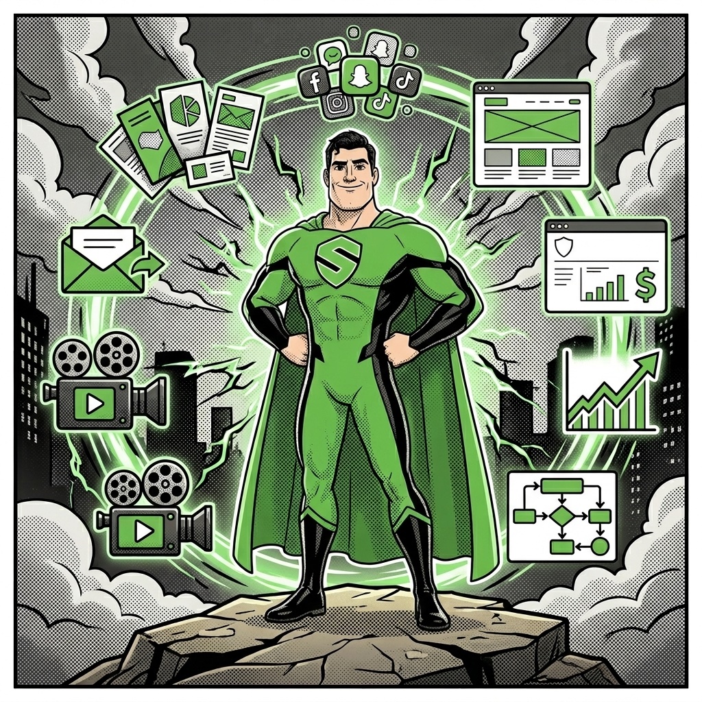 SUPERBRAND-Superheld umgeben von allen angebotenen Marketing-Services