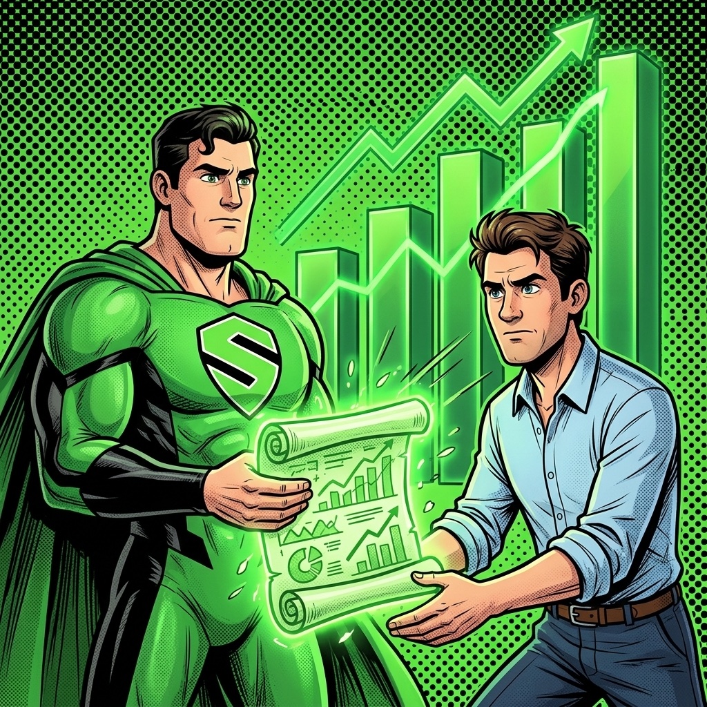 SUPERBRAND-Superheld übergibt eine maßgeschneiderte Marketing-Roadmap