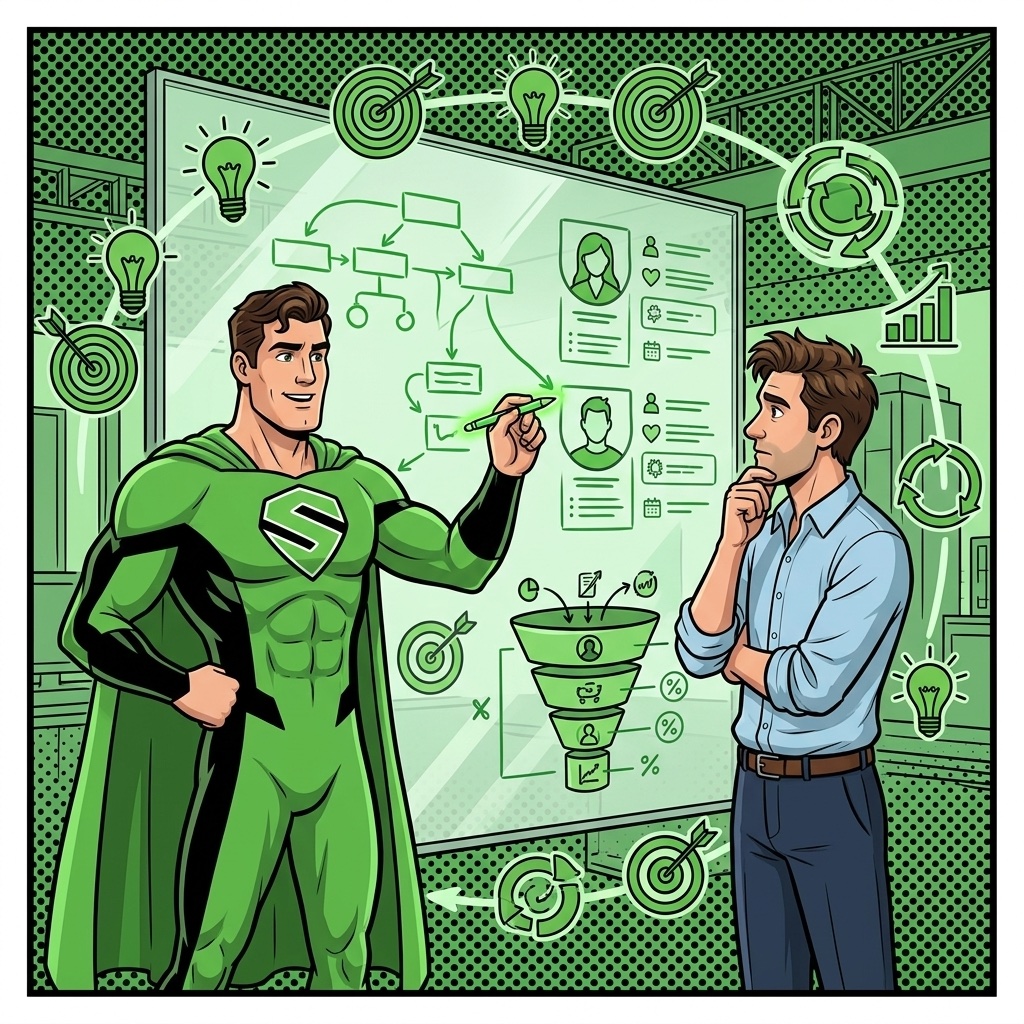 SUPERBRAND-Superheld erklärt Marketing-Strategie am Whiteboard