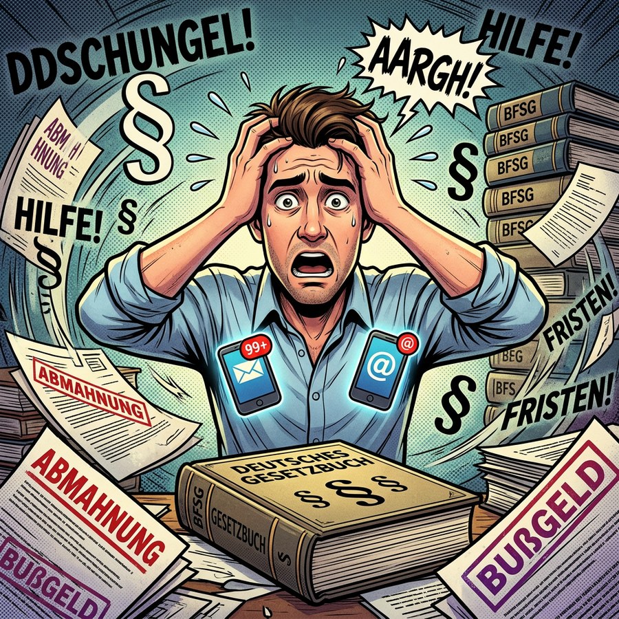 Überforderter Unternehmer hält sich verzweifelt den Kopf, umgeben von Abmahnungen, Bußgeld-Bescheiden, Paragraphen-Symbolen und einem dicken Gesetzbuch.