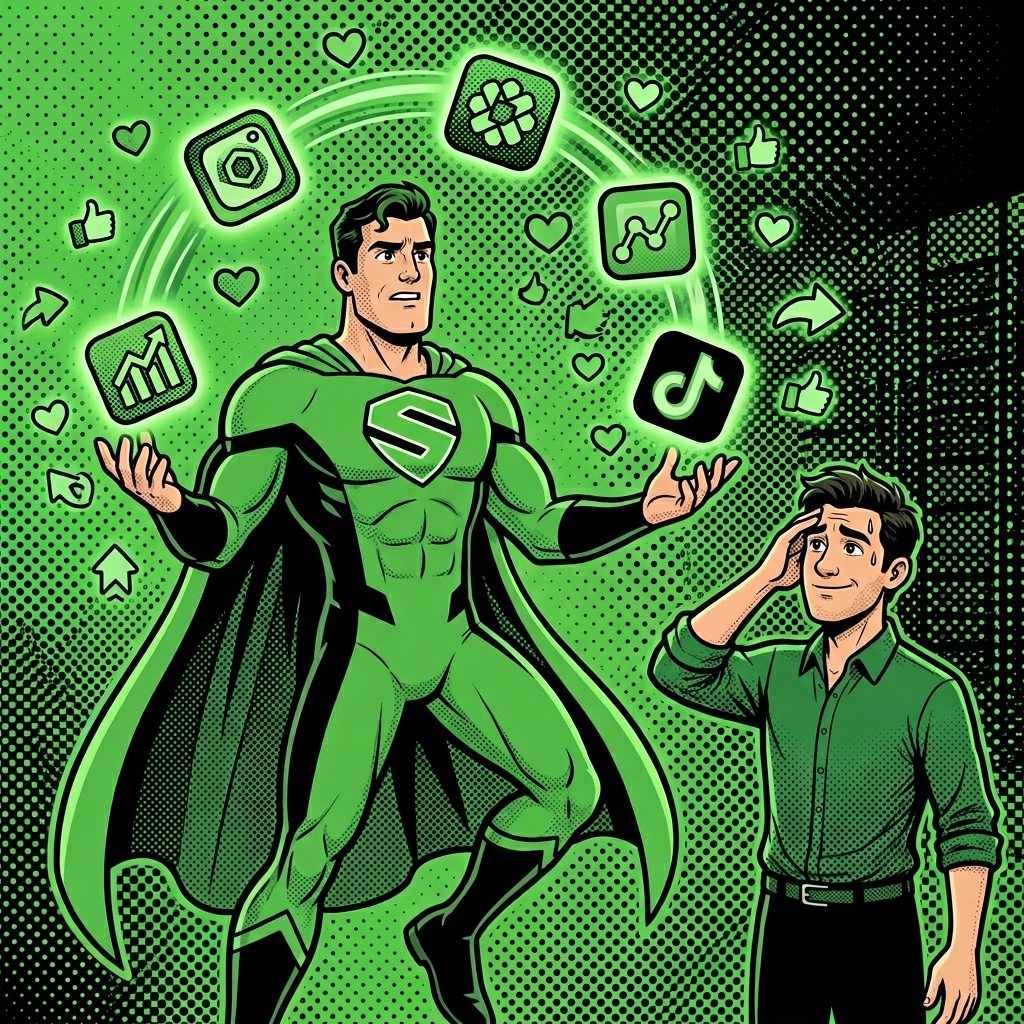 SUPERBRAND-Superheld managt mehrere Social-Media-Plattformen gleichzeitig