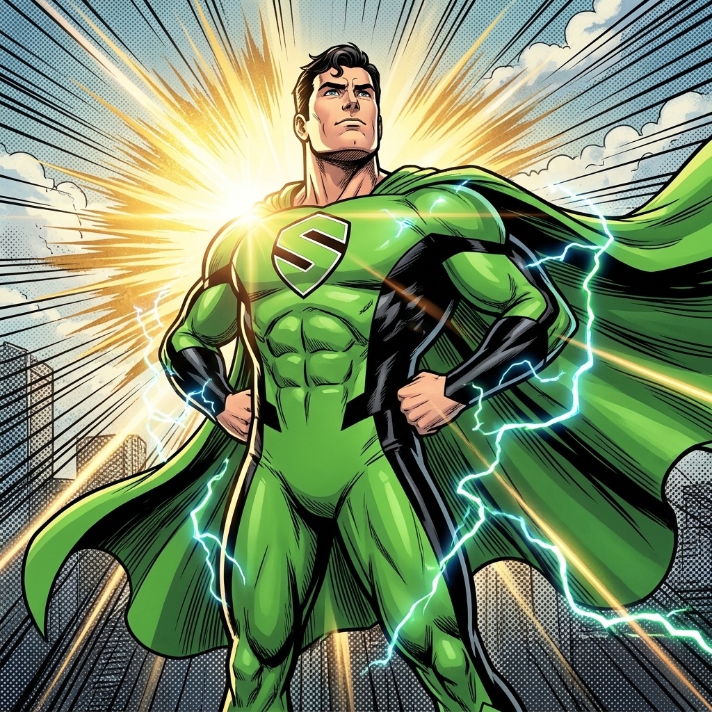 Epische Heldenpose des SUPERBRAND-Superhelden mit wehender Cape