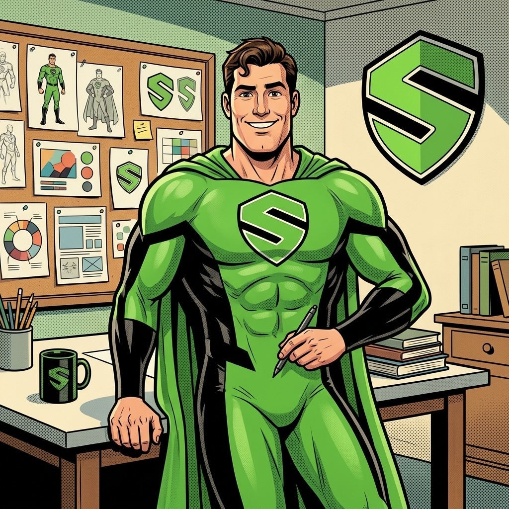 SUPERBRAND-Superheld in seinem kreativen Werbeagentur-Workspace