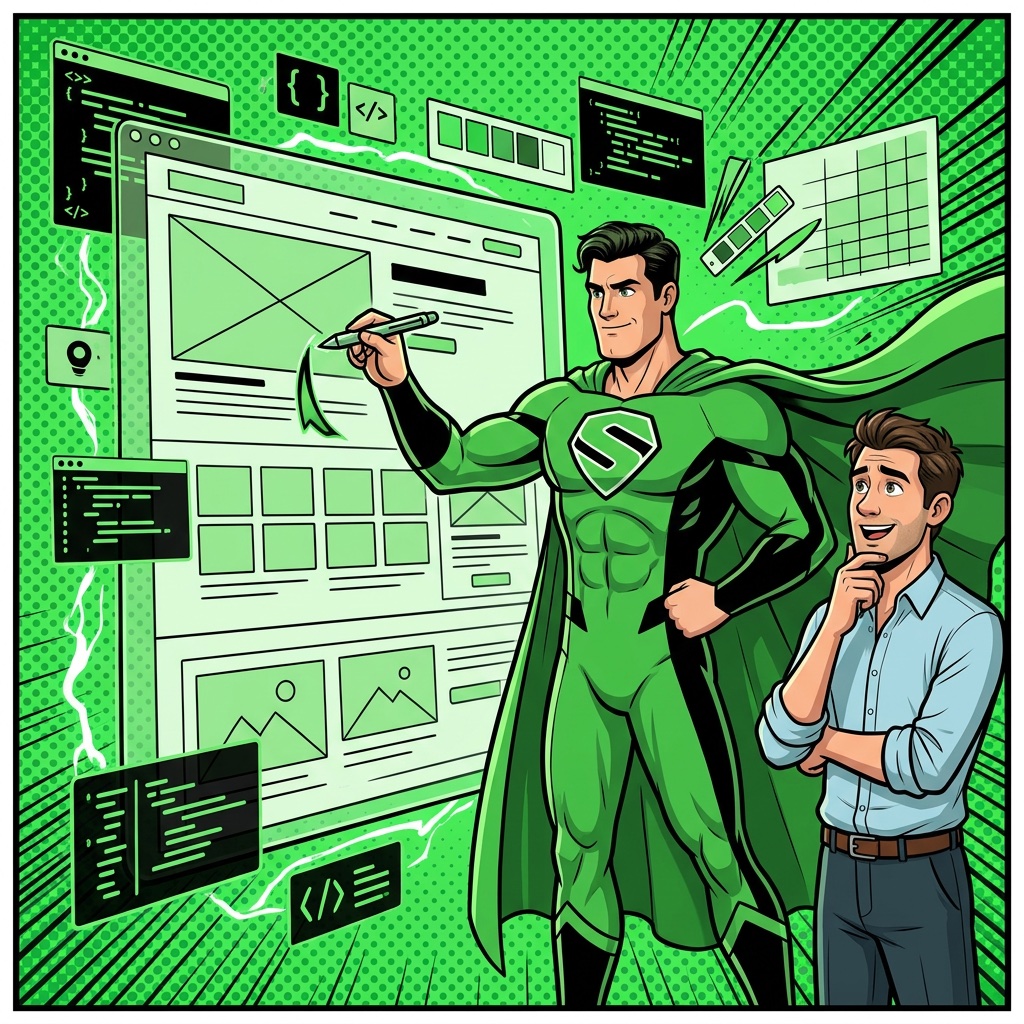 SUPERBRAND-Superheld erstellt eine moderne Website mit dem Kunden